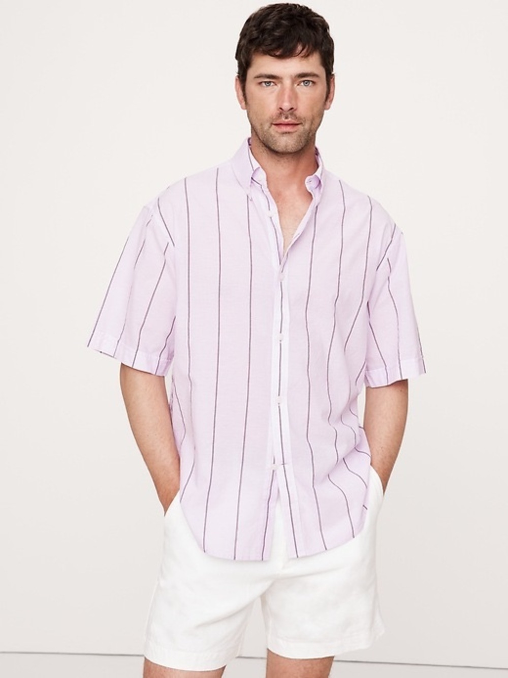 Banana Republic Light Pink Short-Sleeve Button-Down with Dark Stripe